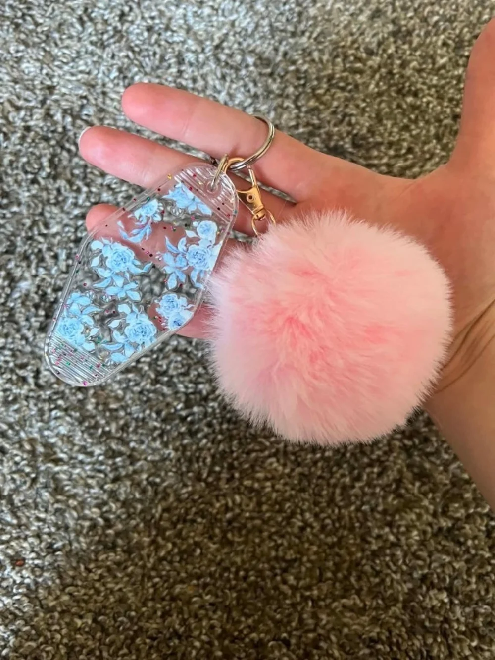 Pink Faux Fur Pom Pom Keychain with Floral Acrylic Charm Buy One Get One FREE❤️